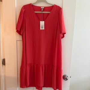 Red V-Neck Dress with Ruffle Hem